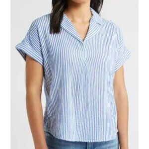 Beachlunchlounge Blouse Striped Cotton Size L Lightweight Casual Collared Top
